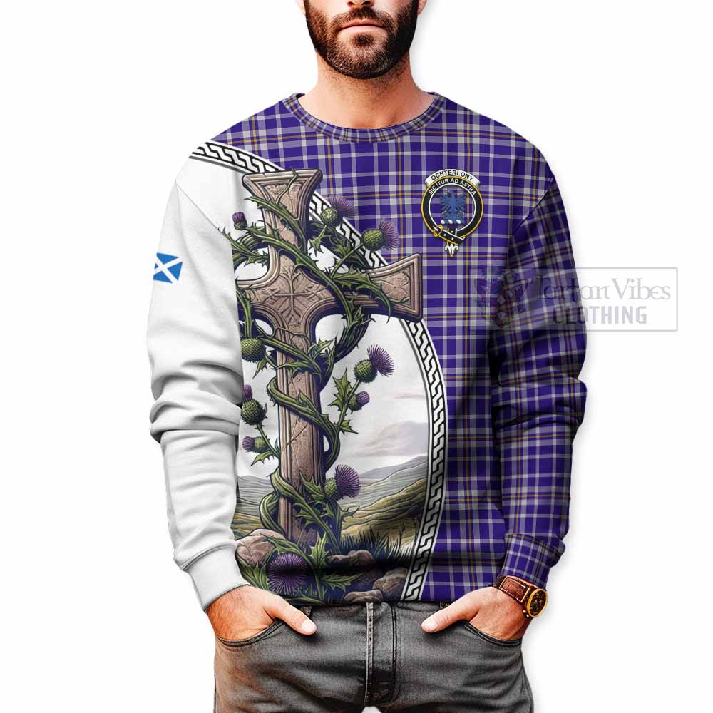 Tartan Vibes Clothing Ochterlony Tartan Sweatshirt with Family Crest and St. Andrew's Cross Accented by Thistle Vines