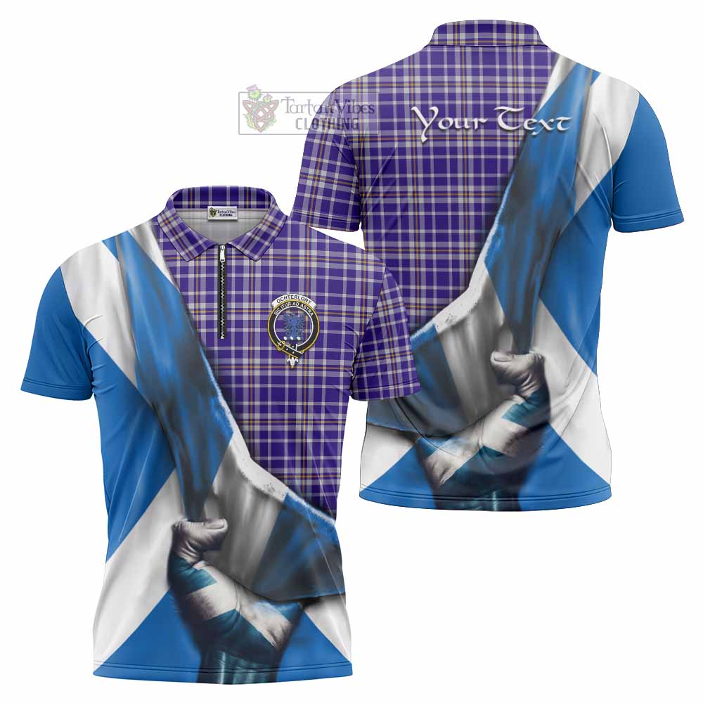 Tartan Vibes Clothing Ochterlony Tartan Zipper Polo Shirt with Family Crest Scotland Patriotic Style