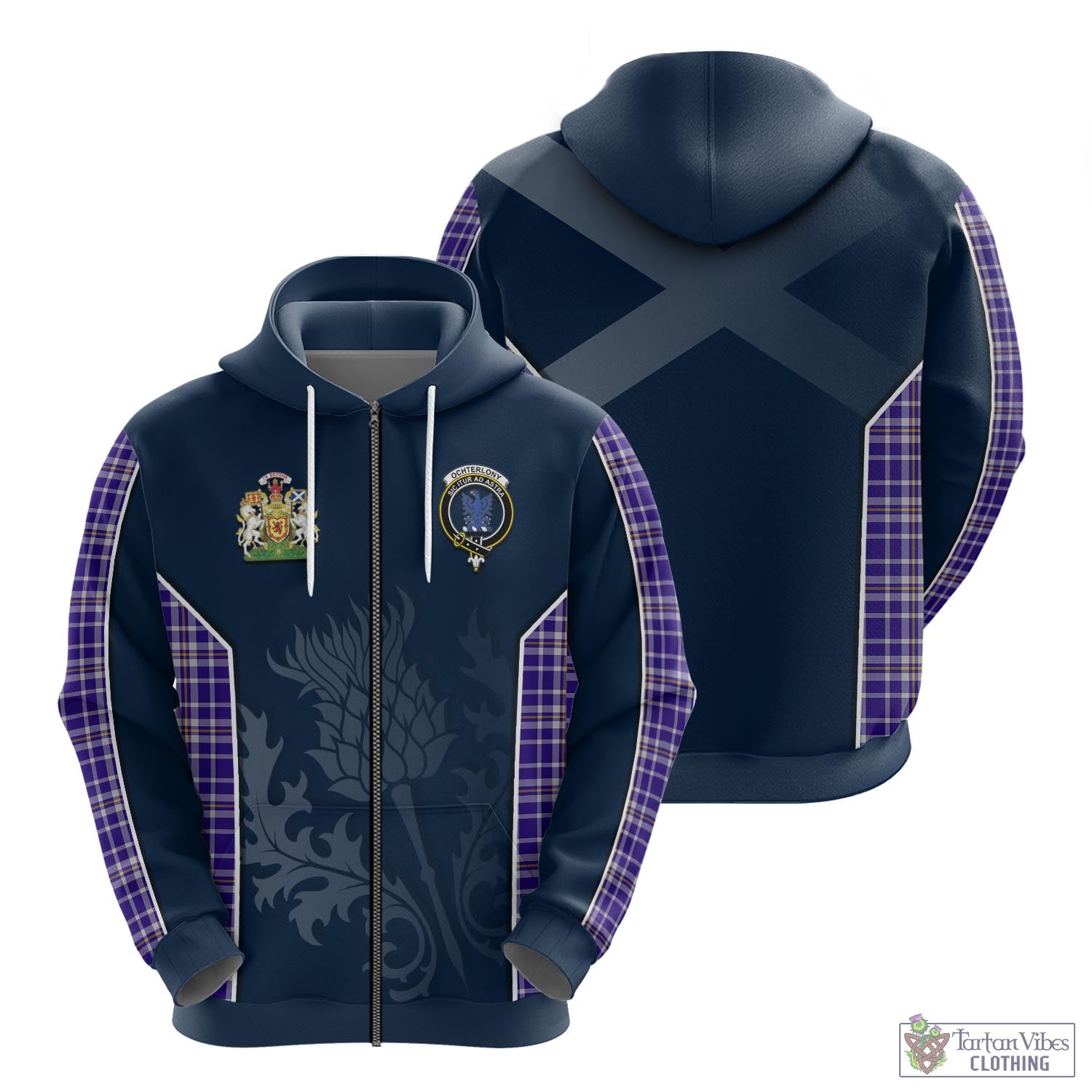 Tartan Vibes Clothing Ochterlony Tartan Hoodie with Family Crest and Scottish Thistle Vibes Sport Style