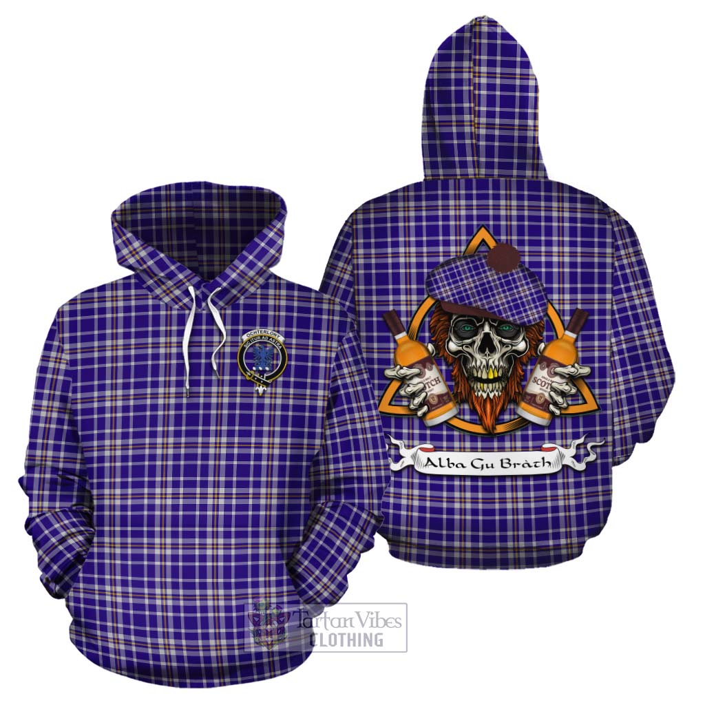 Tartan Vibes Clothing Ochterlony Tartan Cotton Hoodie with Family Crest and Bearded Skull Holding Bottles of Whiskey