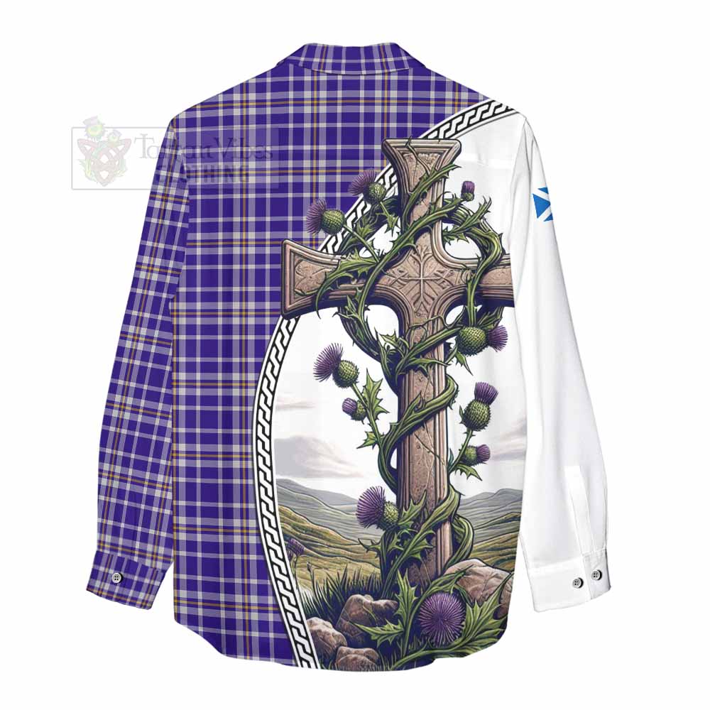 Tartan Vibes Clothing Ochterlony Tartan Women's Casual Shirt with Family Crest and St. Andrew's Cross Accented by Thistle Vines