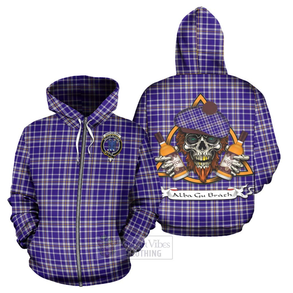 Tartan Vibes Clothing Ochterlony Tartan Hoodie with Family Crest and Bearded Skull Holding Bottles of Whiskey