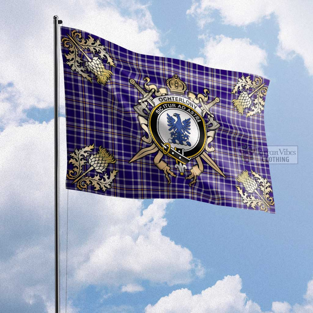 Tartan Vibes Clothing Ochterlony Tartan Flag with Family Crest and Golden Thistle Crossed Sword Design