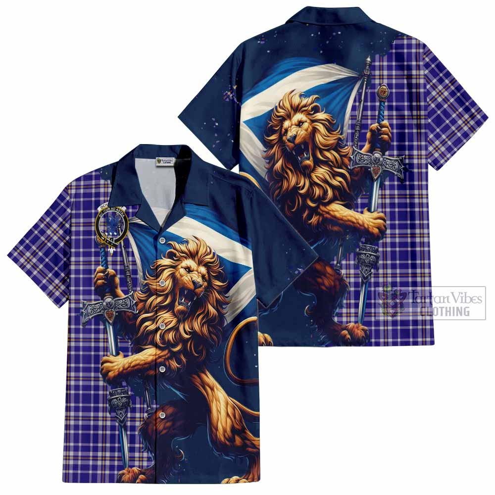 Tartan Vibes Clothing Ochterlony Tartan Family Crest Short Sleeve Button Shirt with Scottish Majestic Lion