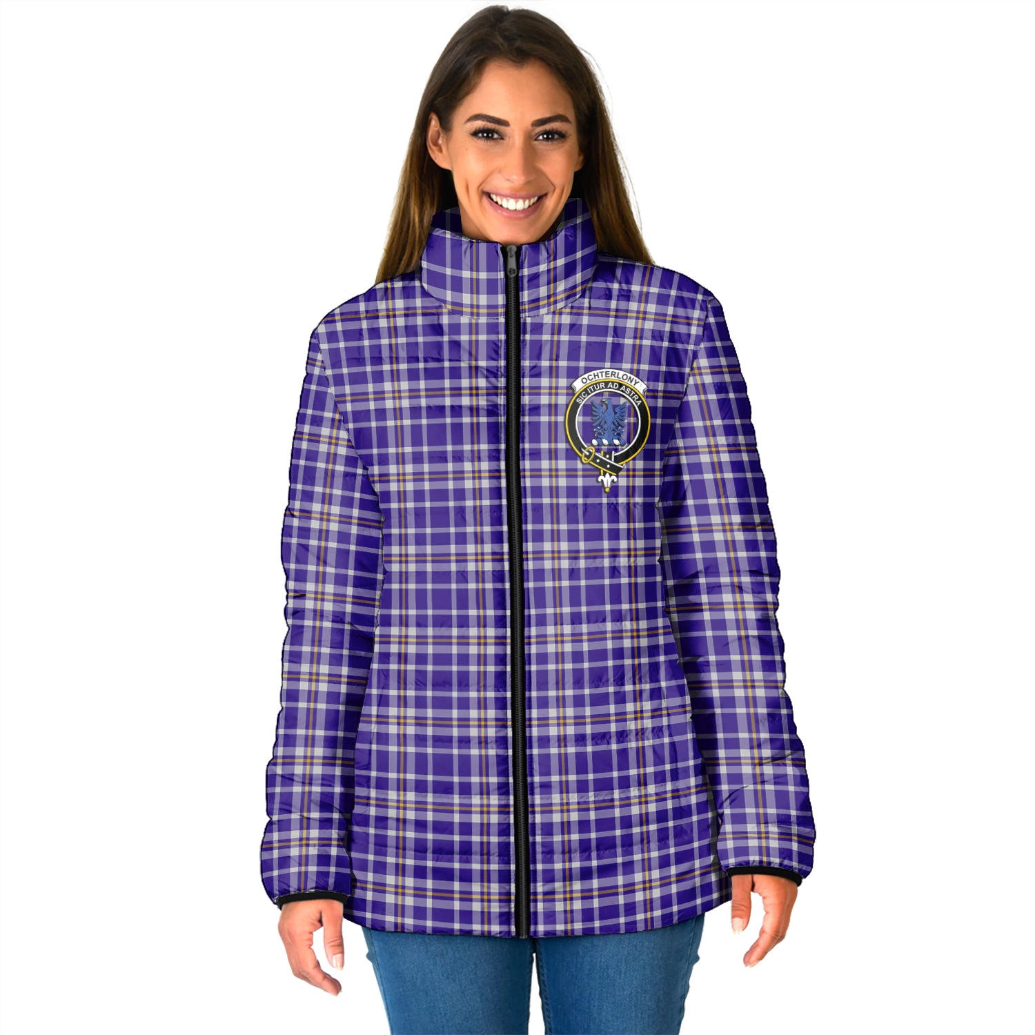 Ochterlony Tartan Padded Jacket with Family Crest - Tartanvibesclothing