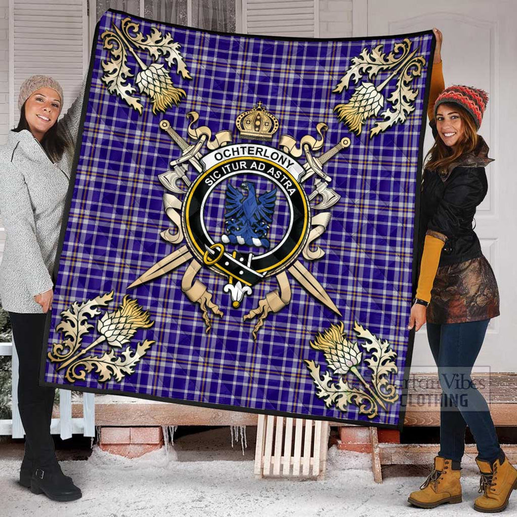 Tartan Vibes Clothing Ochterlony Tartan Quilt with Family Crest and Scottish Golden Courage Shield