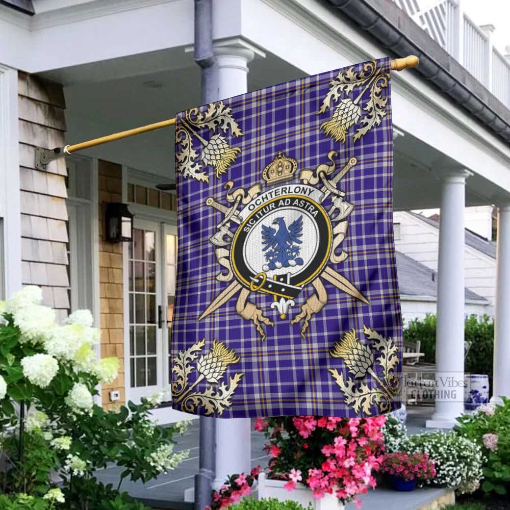 Tartan Vibes Clothing Ochterlony Tartan Flag with Family Crest and Golden Thistle Crossed Sword Design