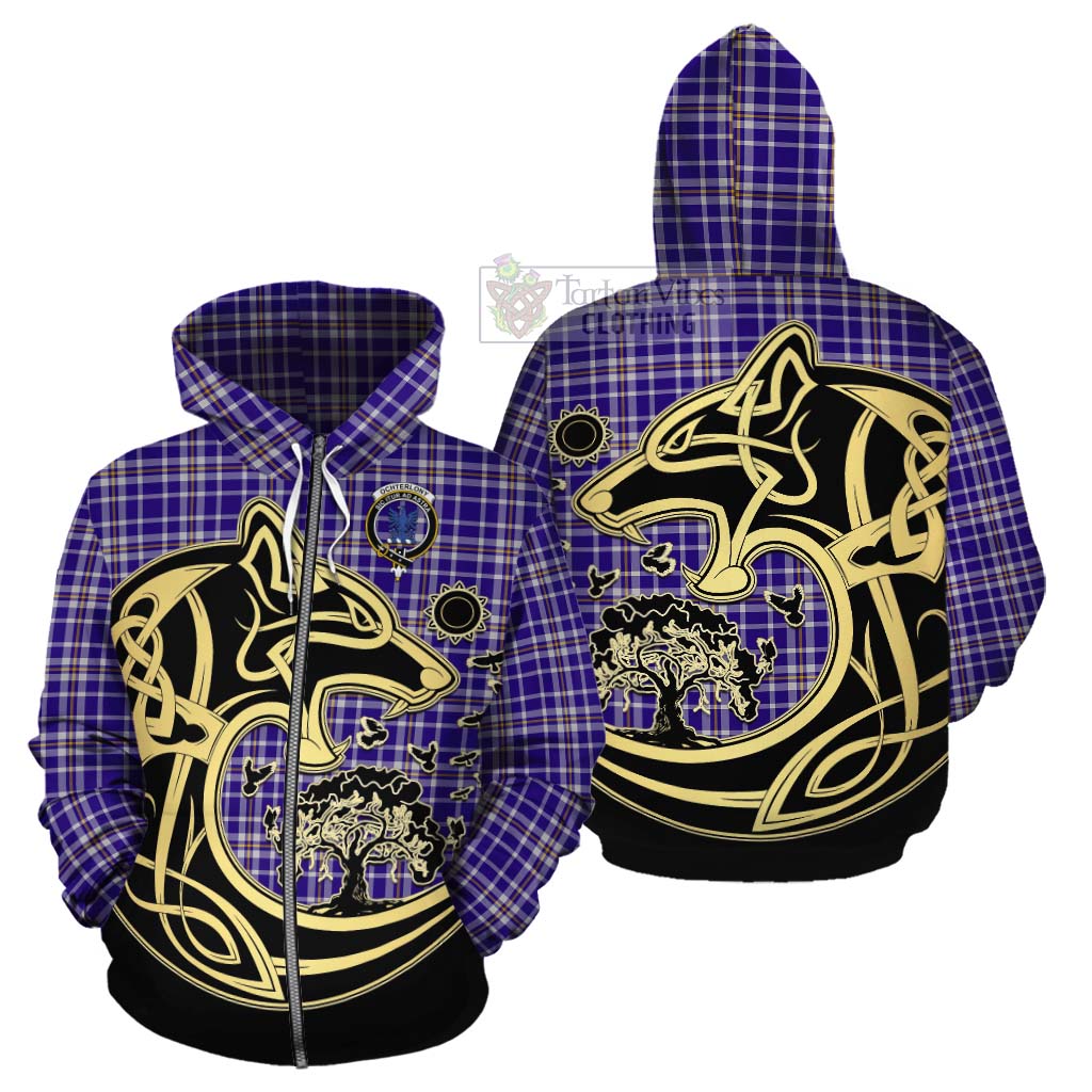 Tartan Vibes Clothing Ochterlony Tartan Cotton Hoodie with Family Crest Celtic Wolf Style