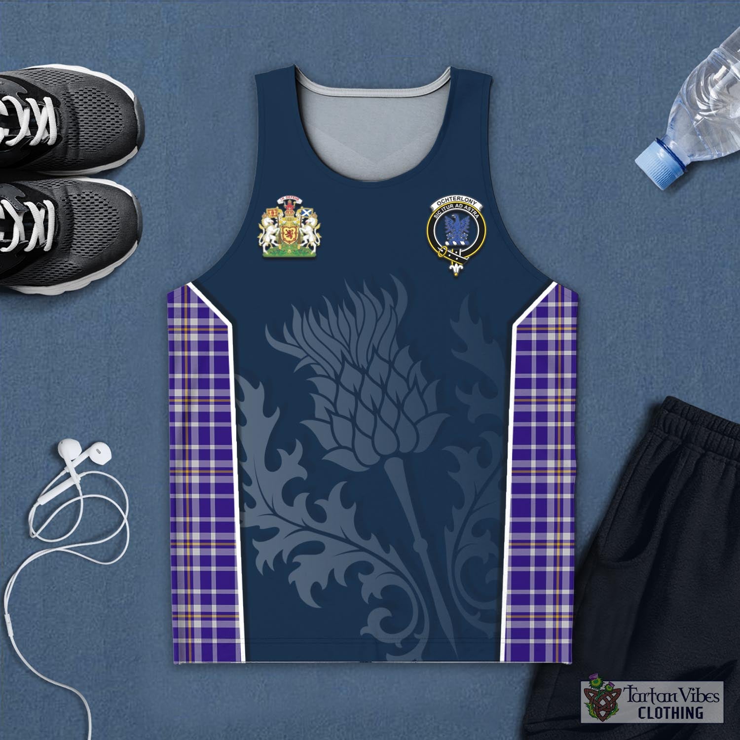 Tartan Vibes Clothing Ochterlony Tartan Men's Tanks Top with Family Crest and Scottish Thistle Vibes Sport Style