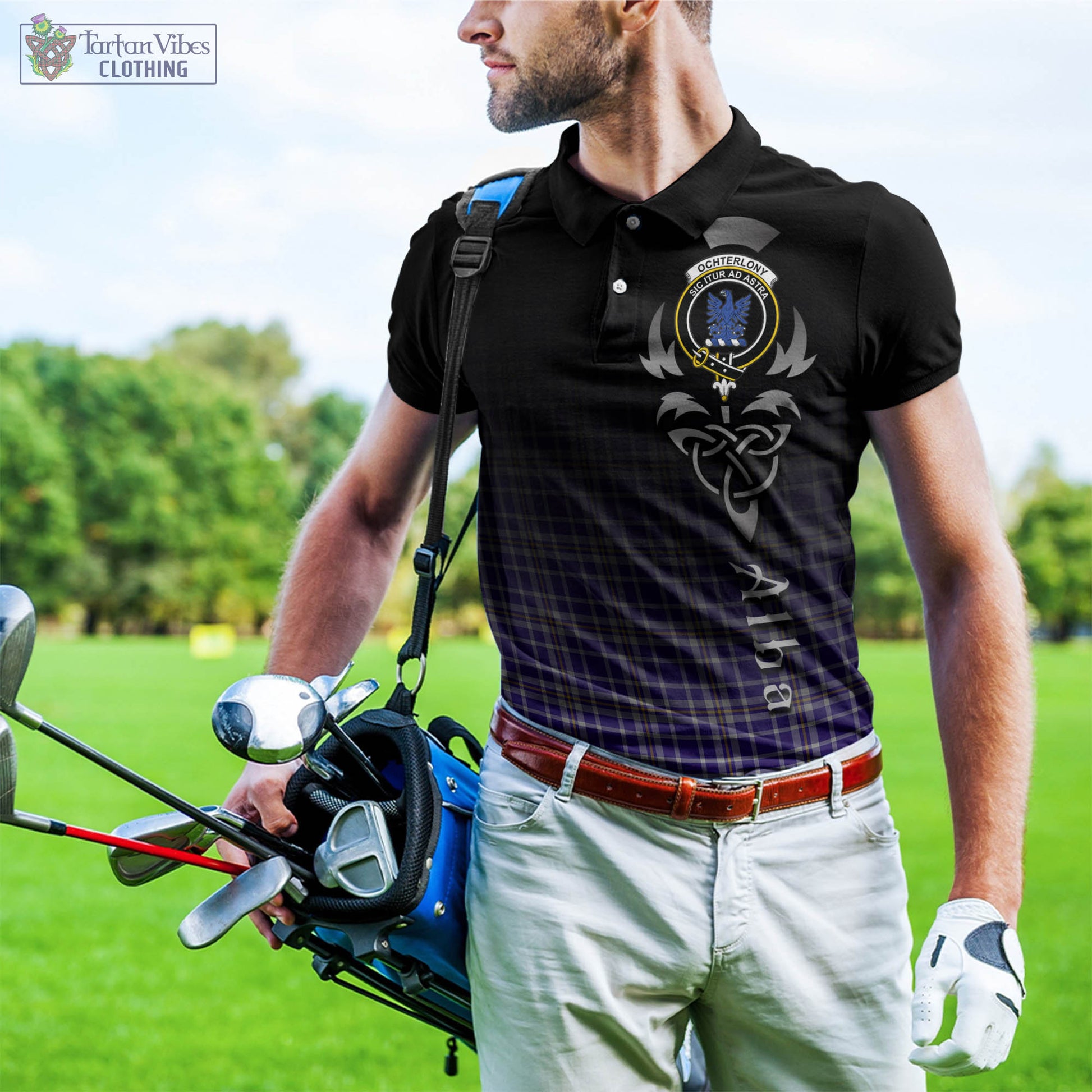 Tartan Vibes Clothing Ochterlony Tartan Polo Shirt Featuring Alba Gu Brath Family Crest Celtic Inspired