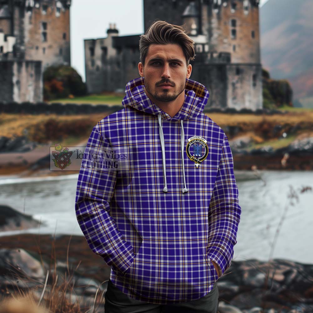 Tartan Vibes Clothing Ochterlony Tartan Cotton Hoodie with Family Crest and Bearded Skull Holding Bottles of Whiskey