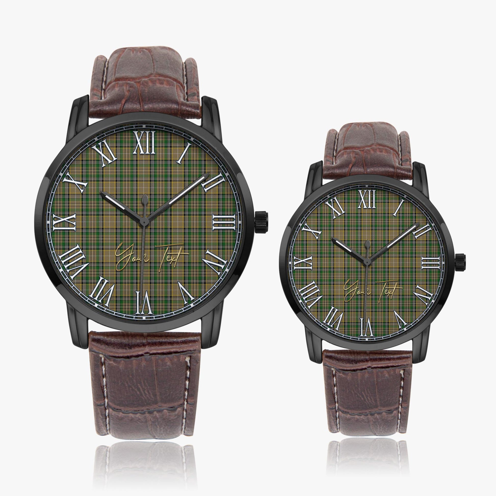 O'Farrell Tartan Personalized Your Text Leather Trap Quartz Watch Wide Type Black Case With Brown Leather Strap - Tartanvibesclothing