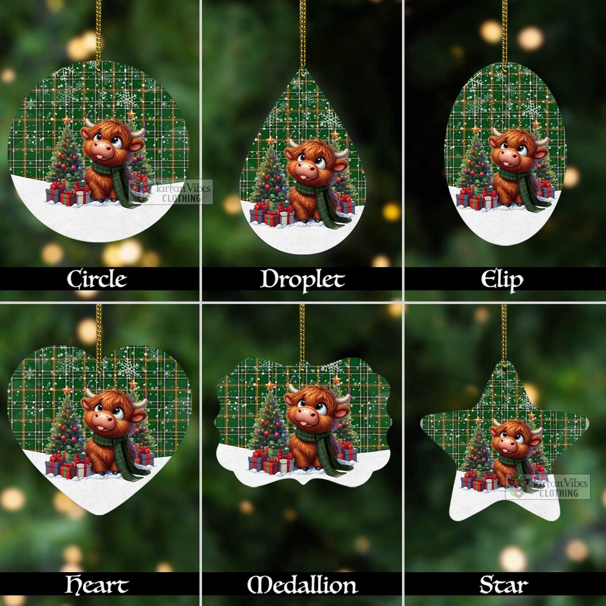 Tartan Vibes Clothing Offaly County Ireland Tartan Christmas Aluminium Ornament with Adorable Highland Coo