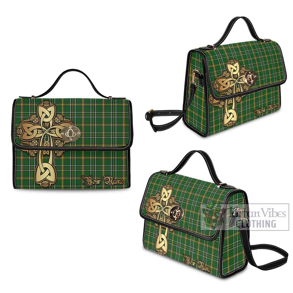 Tartan Vibes Clothing Offaly County Ireland Tartan Waterproof Canvas Bag Golden Thistle Celtic Cross Style