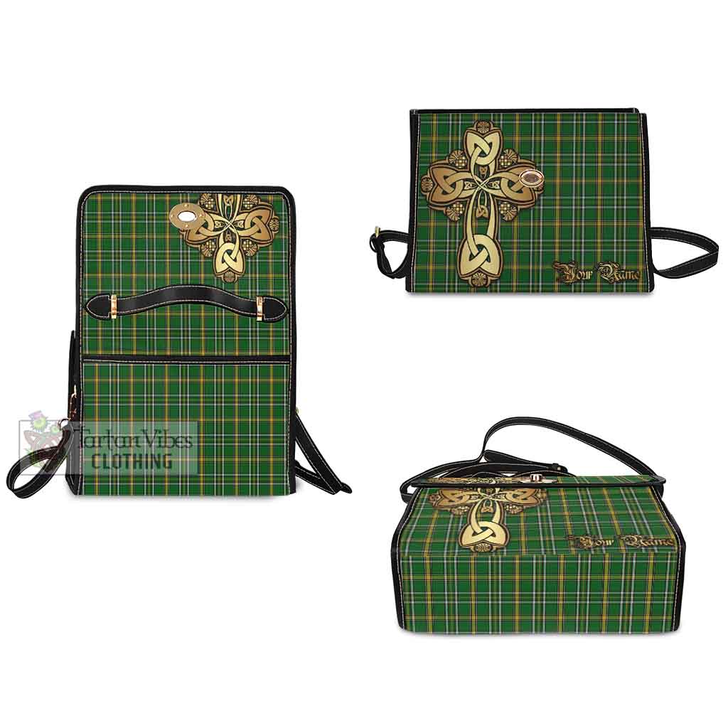 Tartan Vibes Clothing Offaly County Ireland Tartan Waterproof Canvas Bag Golden Thistle Celtic Cross Style