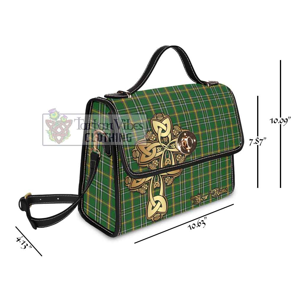 Tartan Vibes Clothing Offaly County Ireland Tartan Waterproof Canvas Bag Golden Thistle Celtic Cross Style