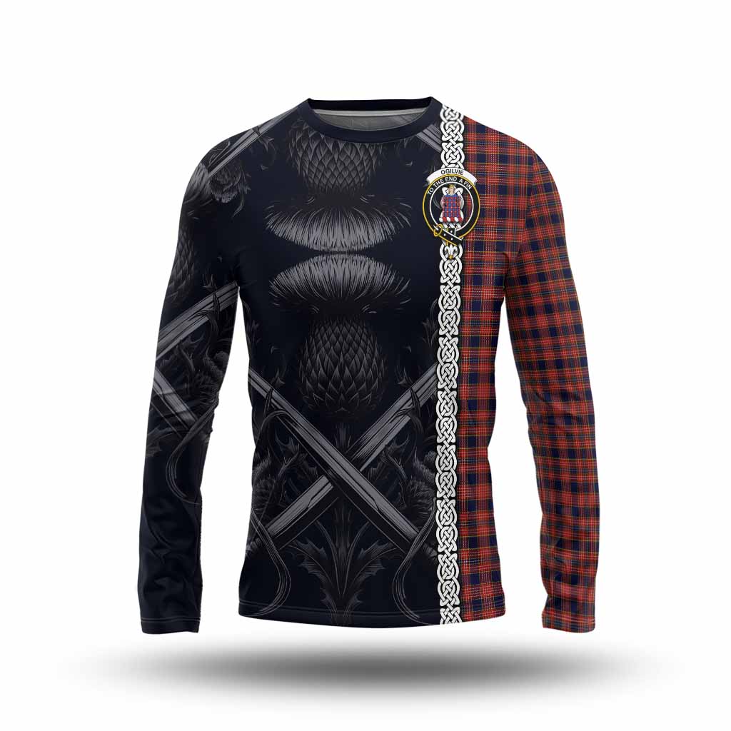 Tartan Vibes Clothing Ogilvie (Ogilvy) Tartan Long Sleeve T-Shirt with Family Crest Cross Sword Thistle Celtic Vibes