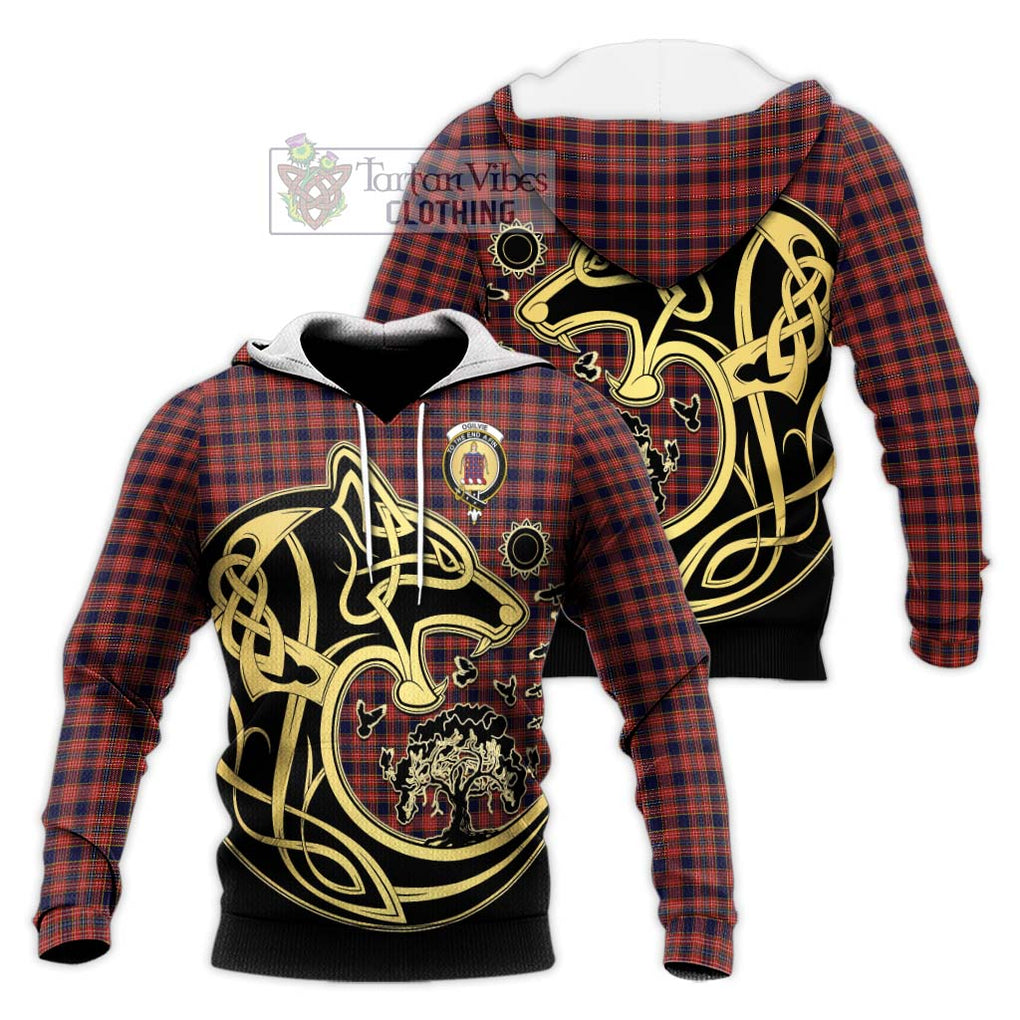 Ogilvie (Ogilvy) Tartan Knitted Hoodie with Family Crest Celtic Wolf Style Unisex Knitted Pullover Hoodie - Tartan Vibes Clothing