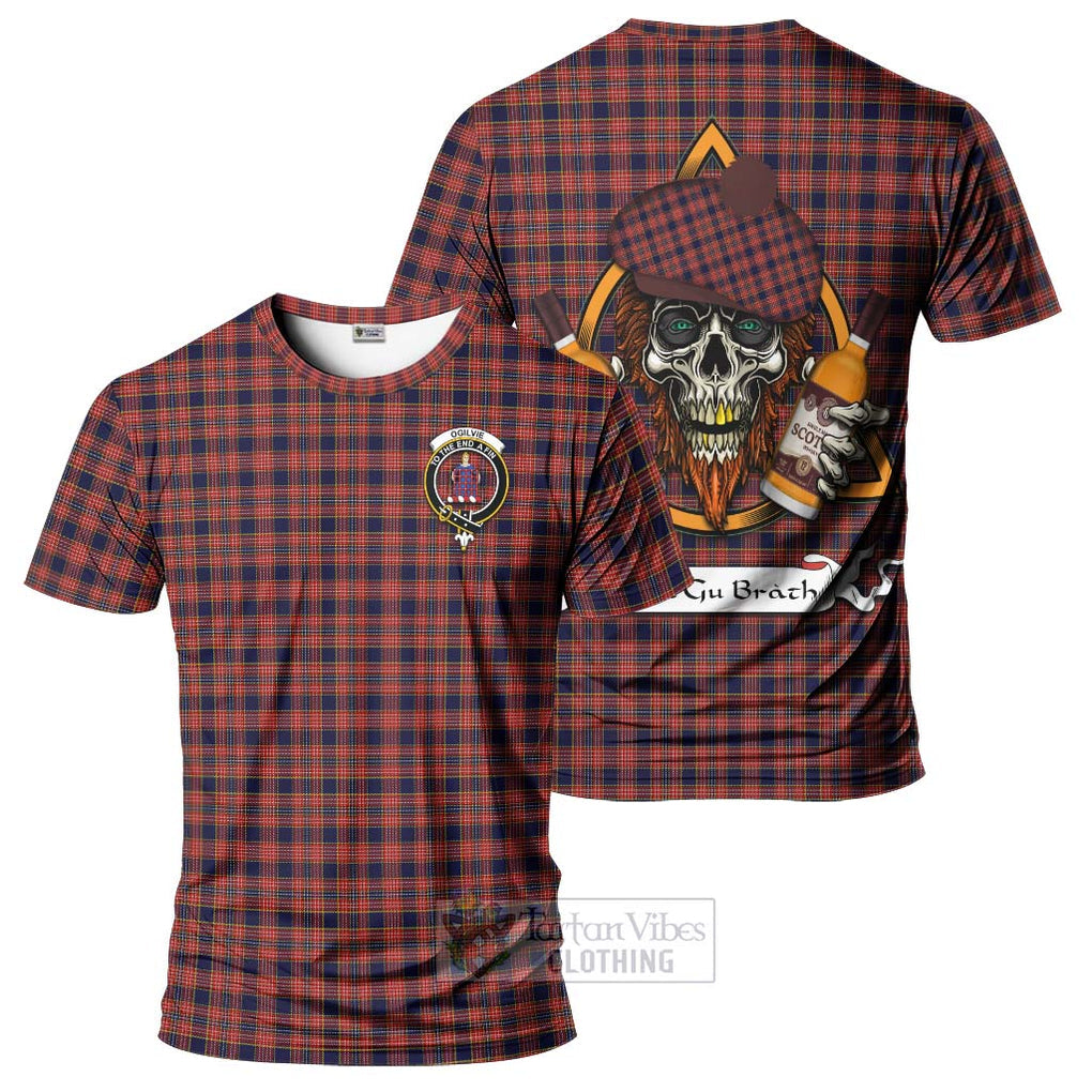 Tartan Vibes Clothing Ogilvie (Ogilvy) Tartan T-Shirt with Family Crest and Bearded Skull Holding Bottles of Whiskey