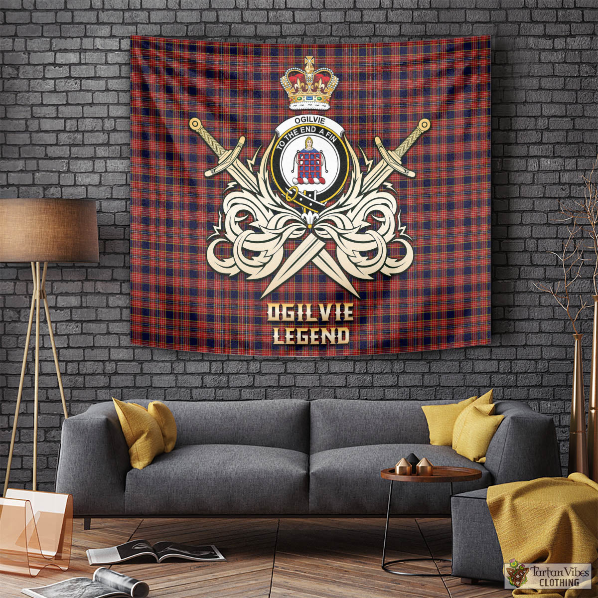 Tartan Vibes Clothing Ogilvie (Ogilvy) Tartan Tapestry with Clan Crest and the Golden Sword of Courageous Legacy