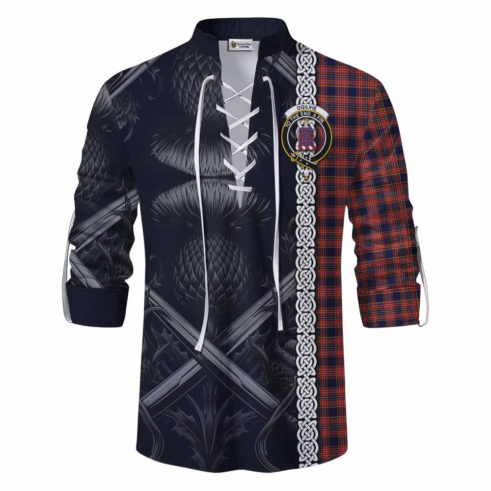 Tartan Vibes Clothing Ogilvie (Ogilvy) Tartan Ghillie Kilt Shirt with Family Crest Cross Sword Thistle Celtic Vibes