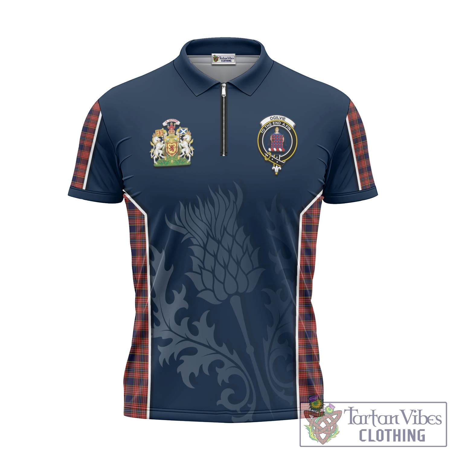 Tartan Vibes Clothing Ogilvie (Ogilvy) Tartan Zipper Polo Shirt with Family Crest and Scottish Thistle Vibes Sport Style