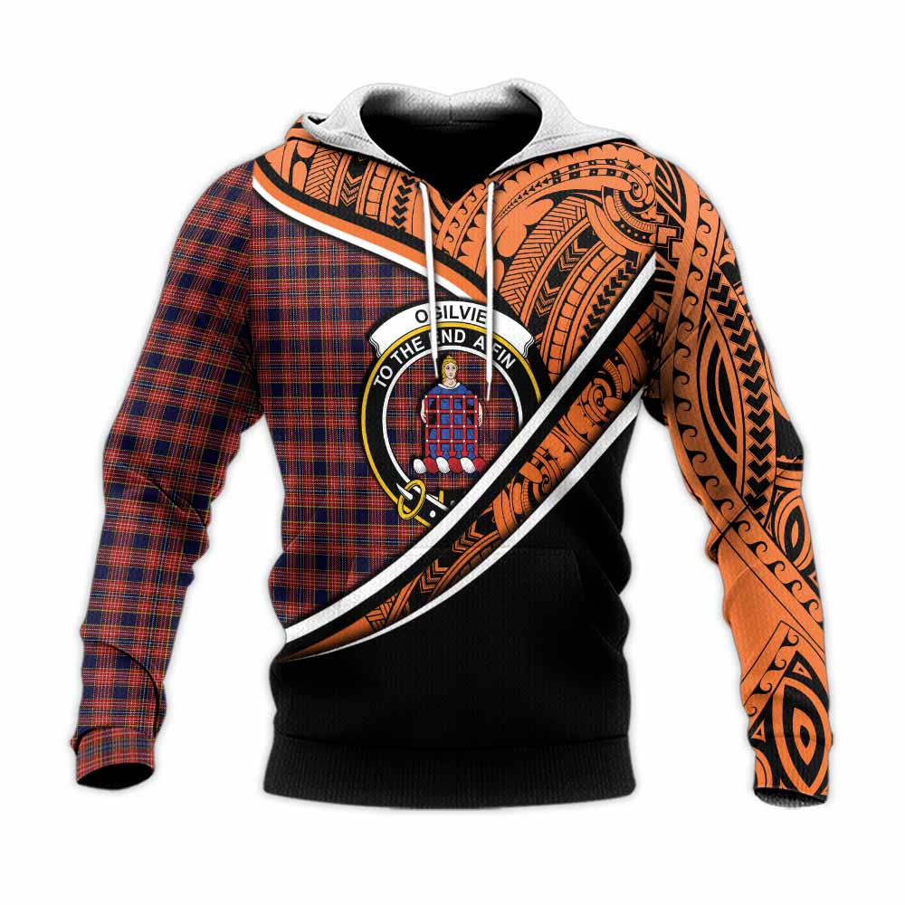 Tartan Vibes Clothing Ogilvie (Ogilvy) Crest Tartan Knitted Hoodie with Maori Tattoo Style - Orange Version