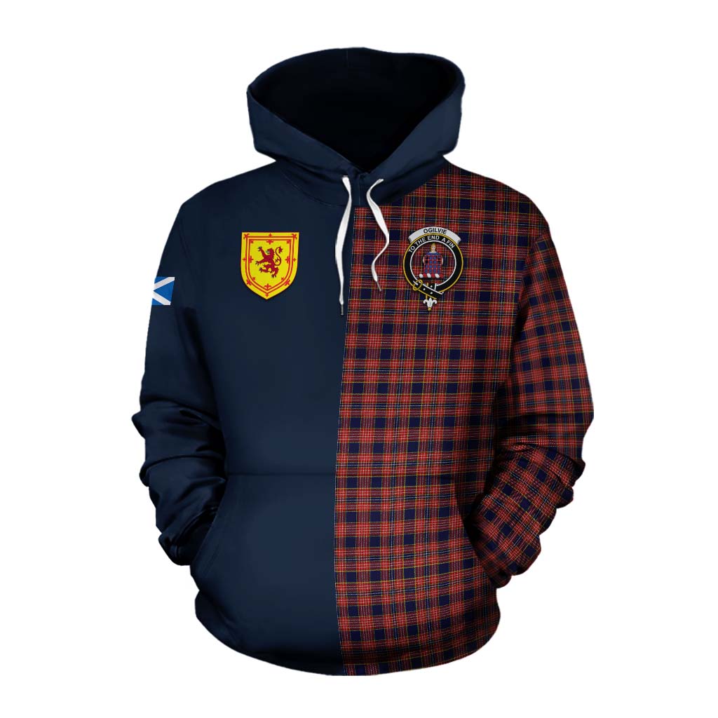 Tartan Vibes Clothing Ogilvie (Ogilvy) Tartan Cotton Hoodie Alba with Scottish Lion Royal Arm Half Style