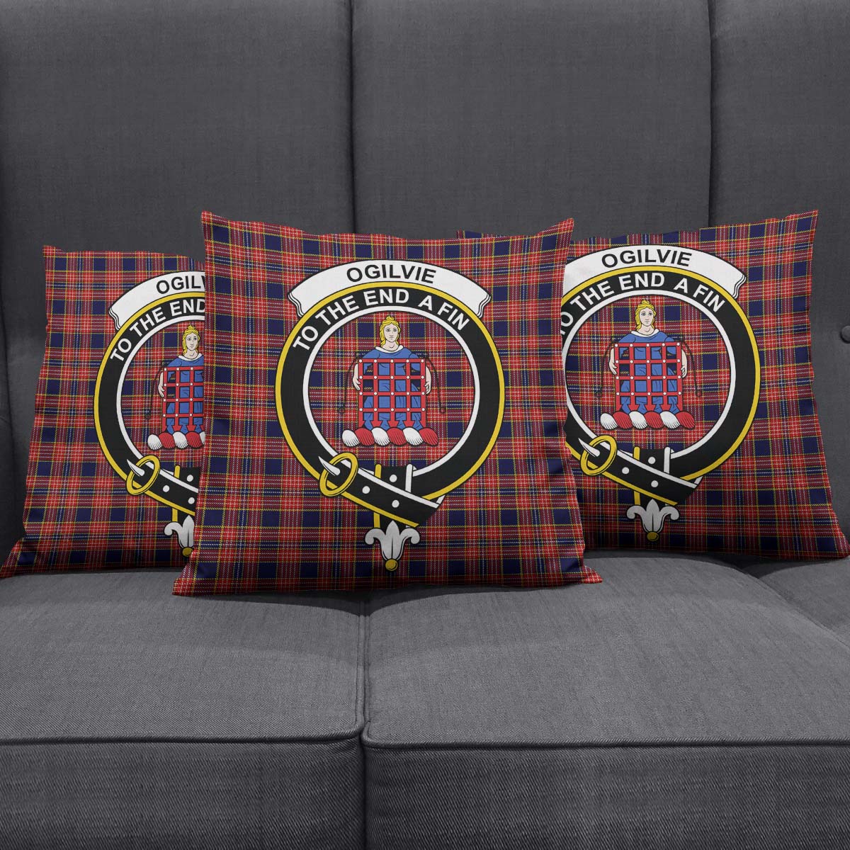 Ogilvie (Ogilvy) Tartan Pillow Cover with Family Crest Square Pillow Cover - Tartanvibesclothing