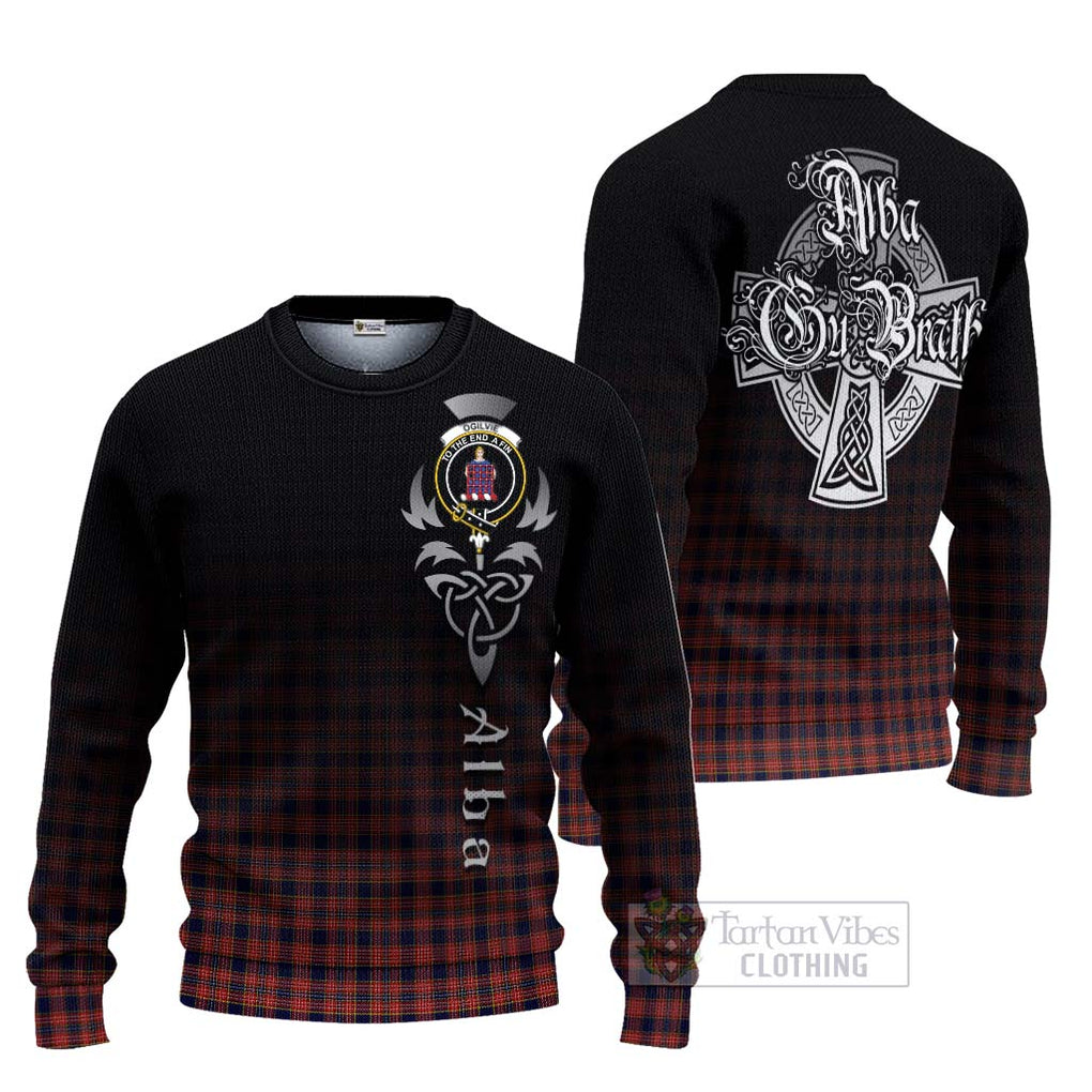 Tartan Vibes Clothing Ogilvie (Ogilvy) Tartan Knitted Sweater Featuring Alba Gu Brath Family Crest Celtic Inspired