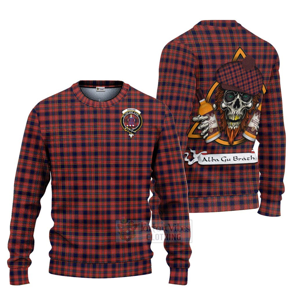 Tartan Vibes Clothing Ogilvie (Ogilvy) Tartan Knitted Sweater with Family Crest and Bearded Skull Holding Bottles of Whiskey