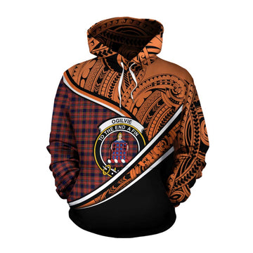 Ogilvie (Ogilvy) Crest Tartan Cotton Hoodie with Polynesian Vibes Style - Orange Version