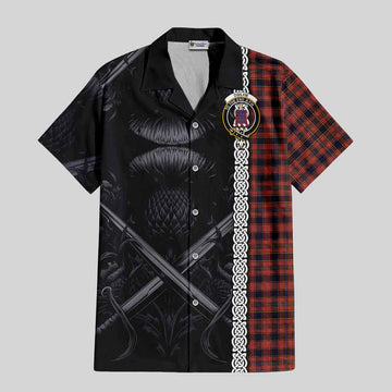 Ogilvie (Ogilvy) Tartan Short Sleeve Button Shirt with Family Crest Cross Sword Thistle Celtic Vibes