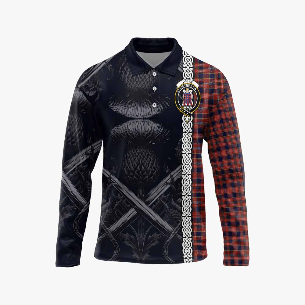 Tartan Vibes Clothing Ogilvie (Ogilvy) Tartan Long Sleeve Polo Shirt with Family Crest Cross Sword Thistle Celtic Vibes