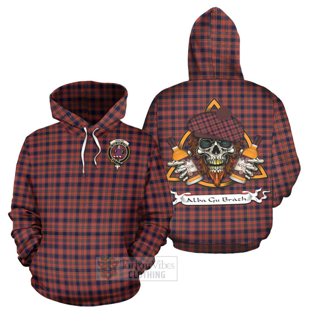 Tartan Vibes Clothing Ogilvie (Ogilvy) Tartan Hoodie with Family Crest and Bearded Skull Holding Bottles of Whiskey