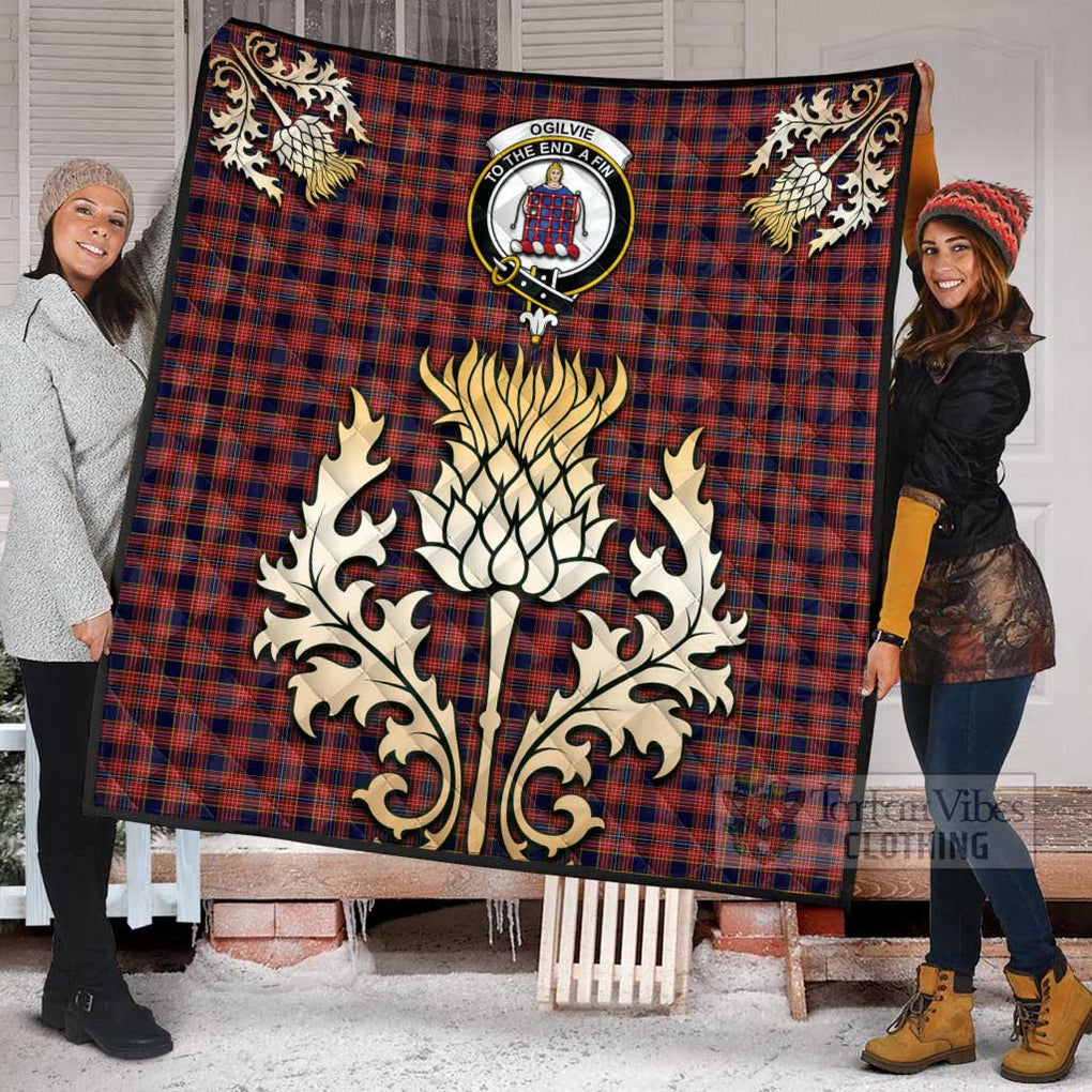 Tartan Vibes Clothing Ogilvie (Ogilvy) Tartan Quilt with Family Crest and Golden Thistle Style