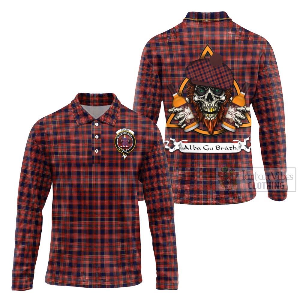 Tartan Vibes Clothing Ogilvie (Ogilvy) Tartan Long Sleeve Polo Shirt with Family Crest and Bearded Skull Holding Bottles of Whiskey