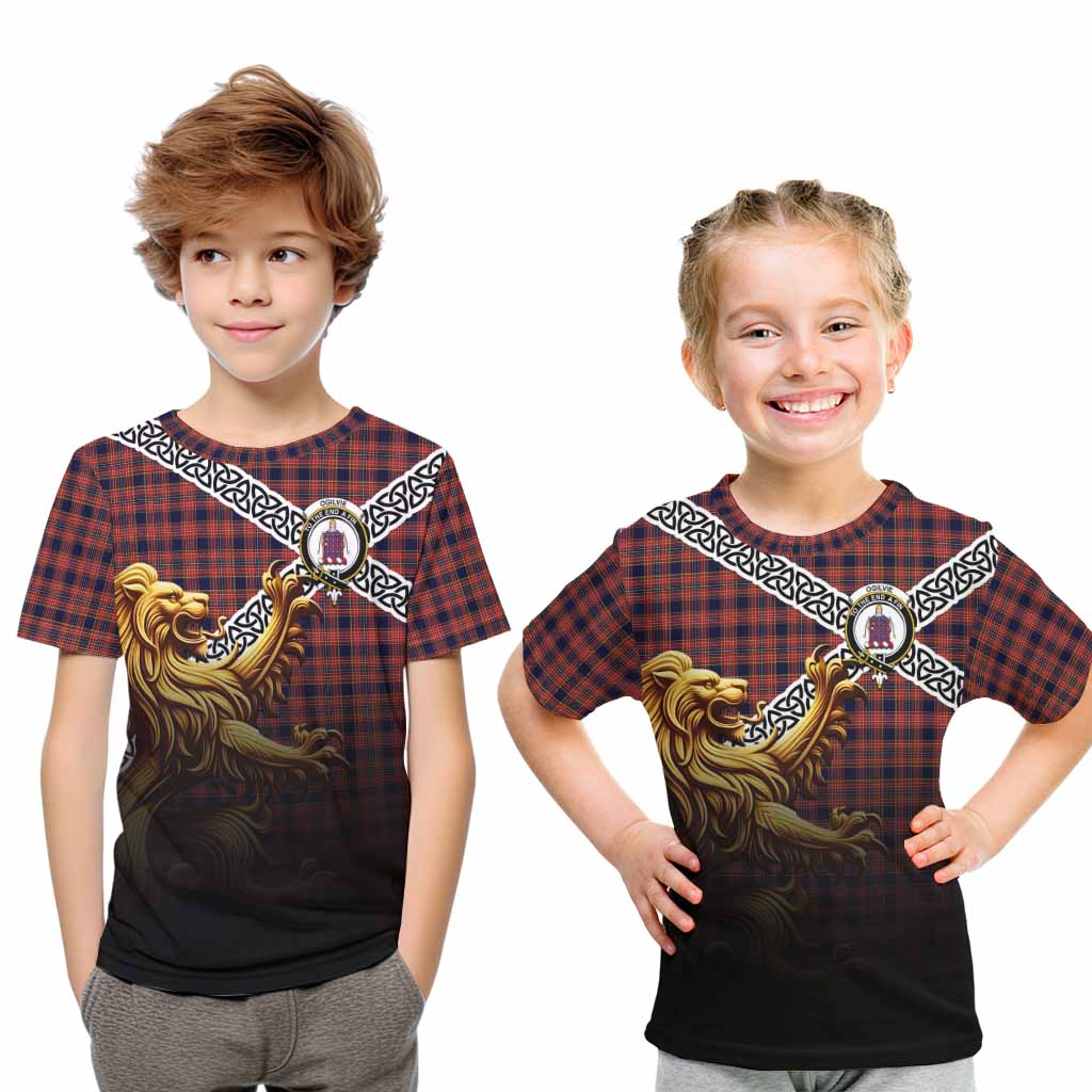 Ogilvie (Ogilvy) Crest Tartan Kid T-Shirt with Golden Lion Emblem Celtic Style Youth XL Size14 - Tartan Vibes Clothing