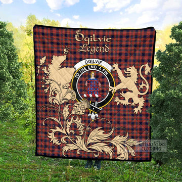 Ogilvie (Ogilvy) Tartan Quilt with Family Crest and Scottish Symbol Style