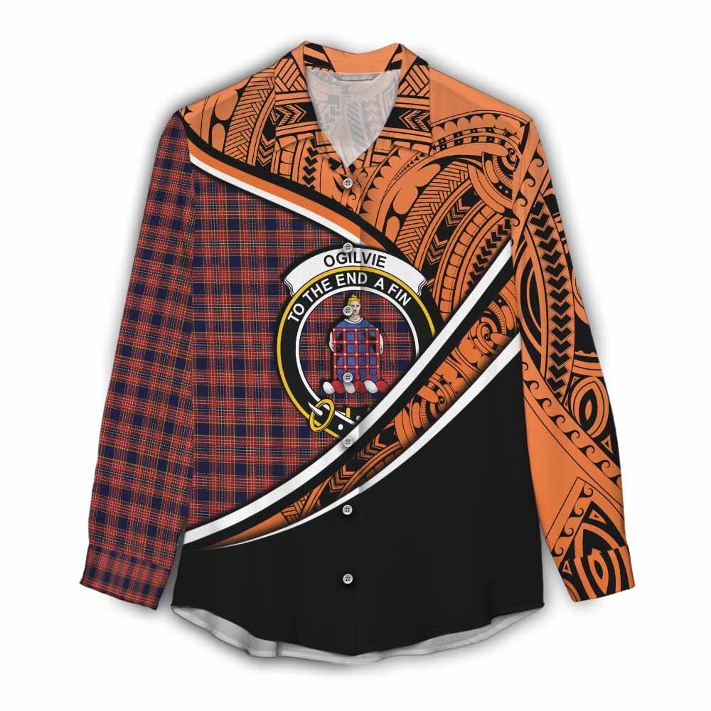 Tartan Vibes Clothing Ogilvie (Ogilvy) Crest Tartan Women's Casual Shirt with Maori Tattoo Style - Orange Version