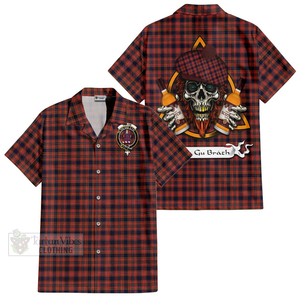 Tartan Vibes Clothing Ogilvie (Ogilvy) Tartan Short Sleeve Button Shirt with Family Crest and Bearded Skull Holding Bottles of Whiskey