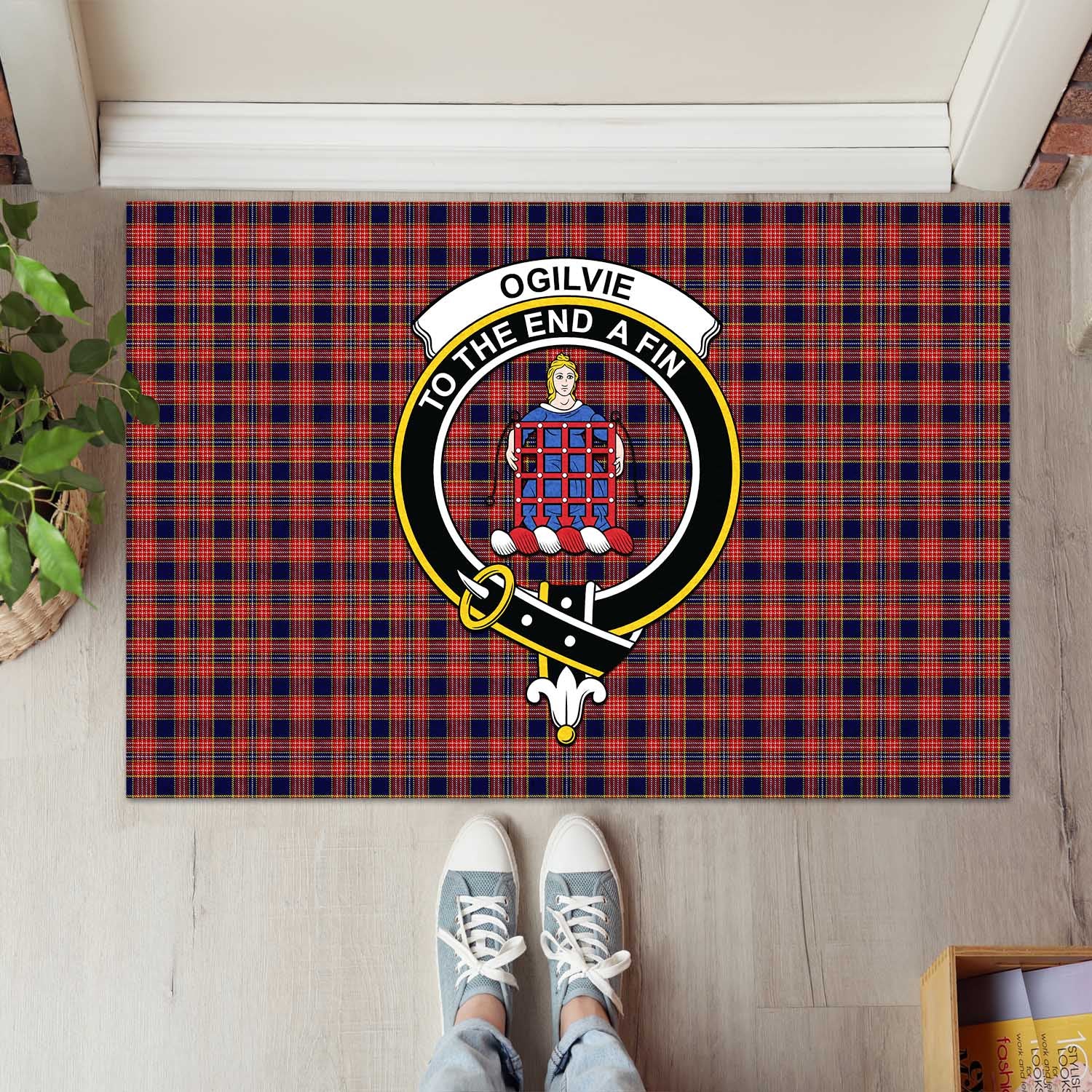 Ogilvie (Ogilvy) Tartan Door Mat with Family Crest - Tartanvibesclothing