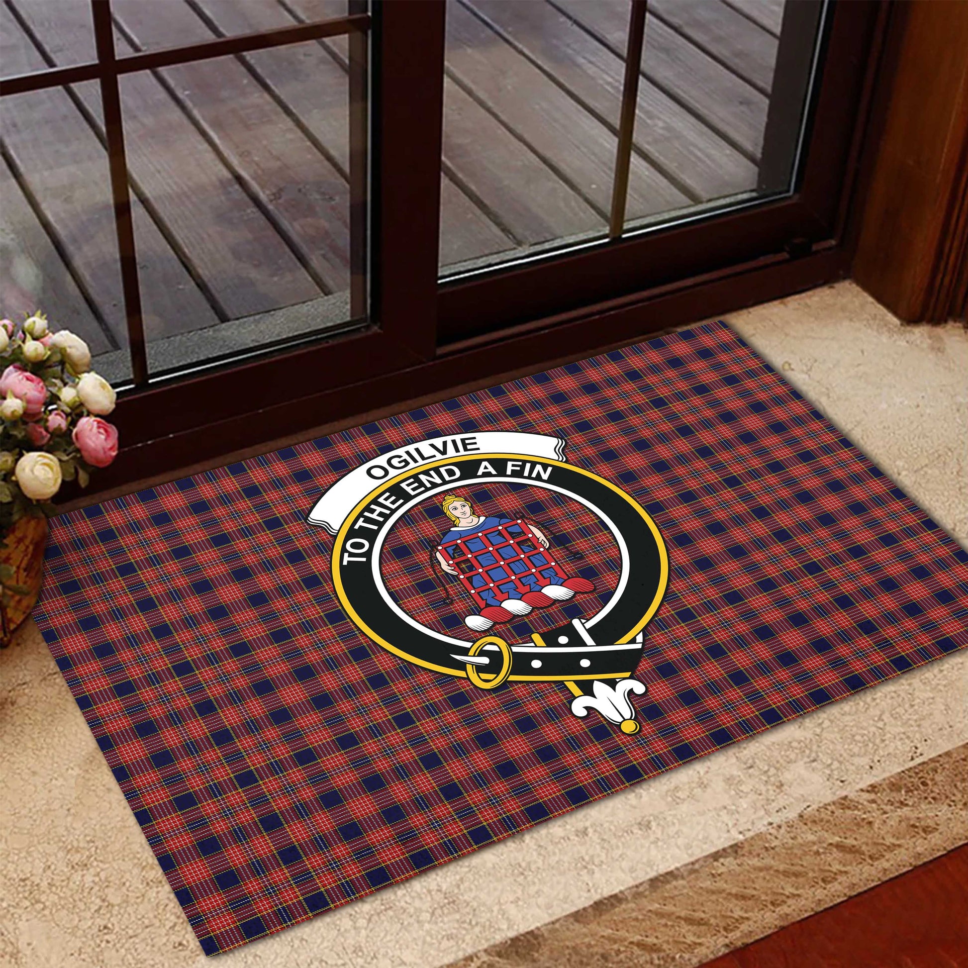 Ogilvie (Ogilvy) Tartan Door Mat with Family Crest - Tartanvibesclothing