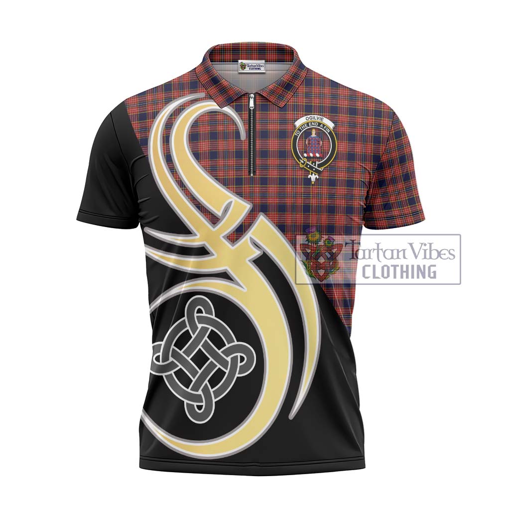 Tartan Vibes Clothing Ogilvie (Ogilvy) Tartan Zipper Polo Shirt with Family Crest and Celtic Symbol Style