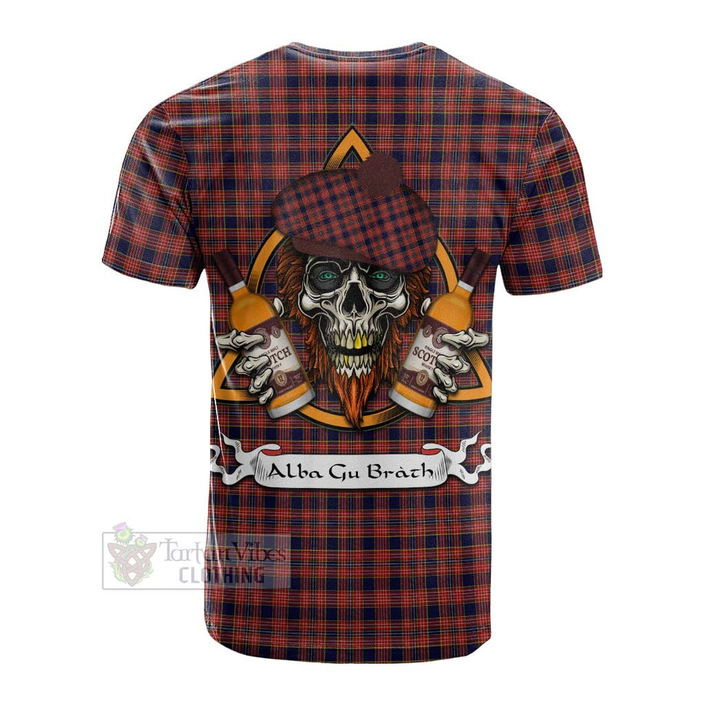 Tartan Vibes Clothing Ogilvie (Ogilvy) Tartan Cotton T-shirt with Family Crest and Bearded Skull Holding Bottles of Whiskey