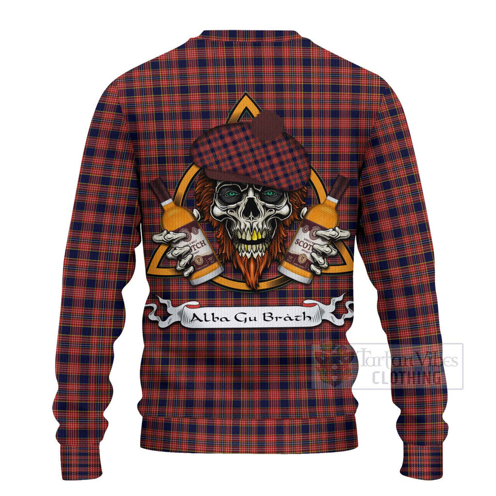 Tartan Vibes Clothing Ogilvie (Ogilvy) Tartan Knitted Sweater with Family Crest and Bearded Skull Holding Bottles of Whiskey