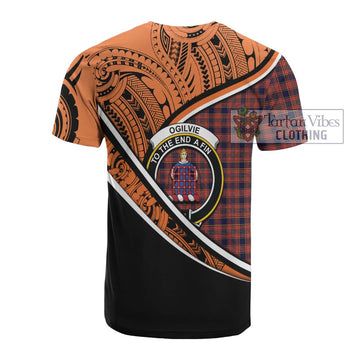 Ogilvie (Ogilvy) Crest Tartan Cotton T-shirt with Polynesian Vibes Style - Orange Version