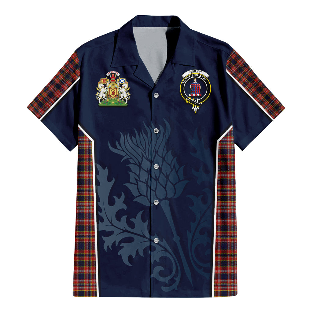 Tartan Vibes Clothing Ogilvie (Ogilvy) Tartan Short Sleeve Button Up Shirt with Family Crest and Scottish Thistle Vibes Sport Style