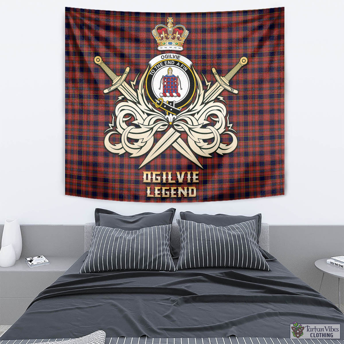 Tartan Vibes Clothing Ogilvie (Ogilvy) Tartan Tapestry with Clan Crest and the Golden Sword of Courageous Legacy