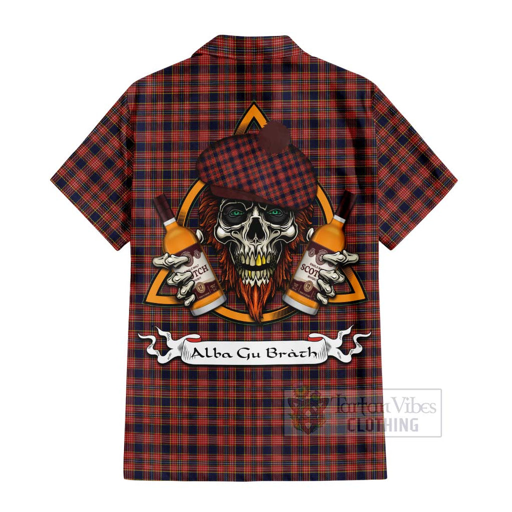 Tartan Vibes Clothing Ogilvie (Ogilvy) Tartan Short Sleeve Button Shirt with Family Crest and Bearded Skull Holding Bottles of Whiskey